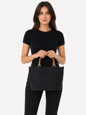 GUCCI Bamboo Handle Leather Trim Black Fabric 2-Way Tote Shoulder Bag Authentic